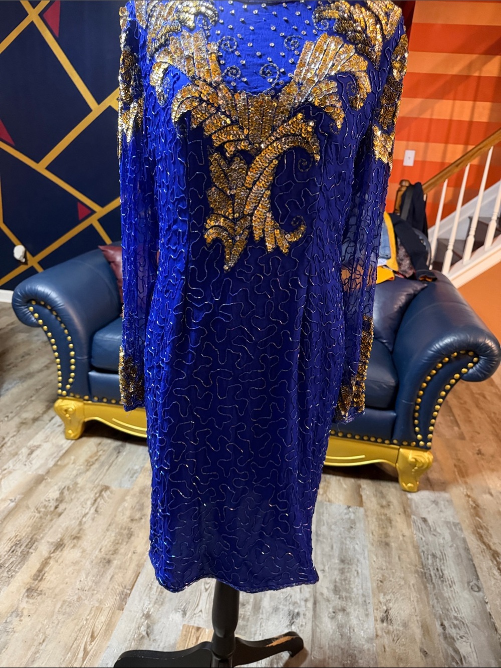 Vintage Laurence Kazar Elegant Royal Blue and Gold Embellished Dress